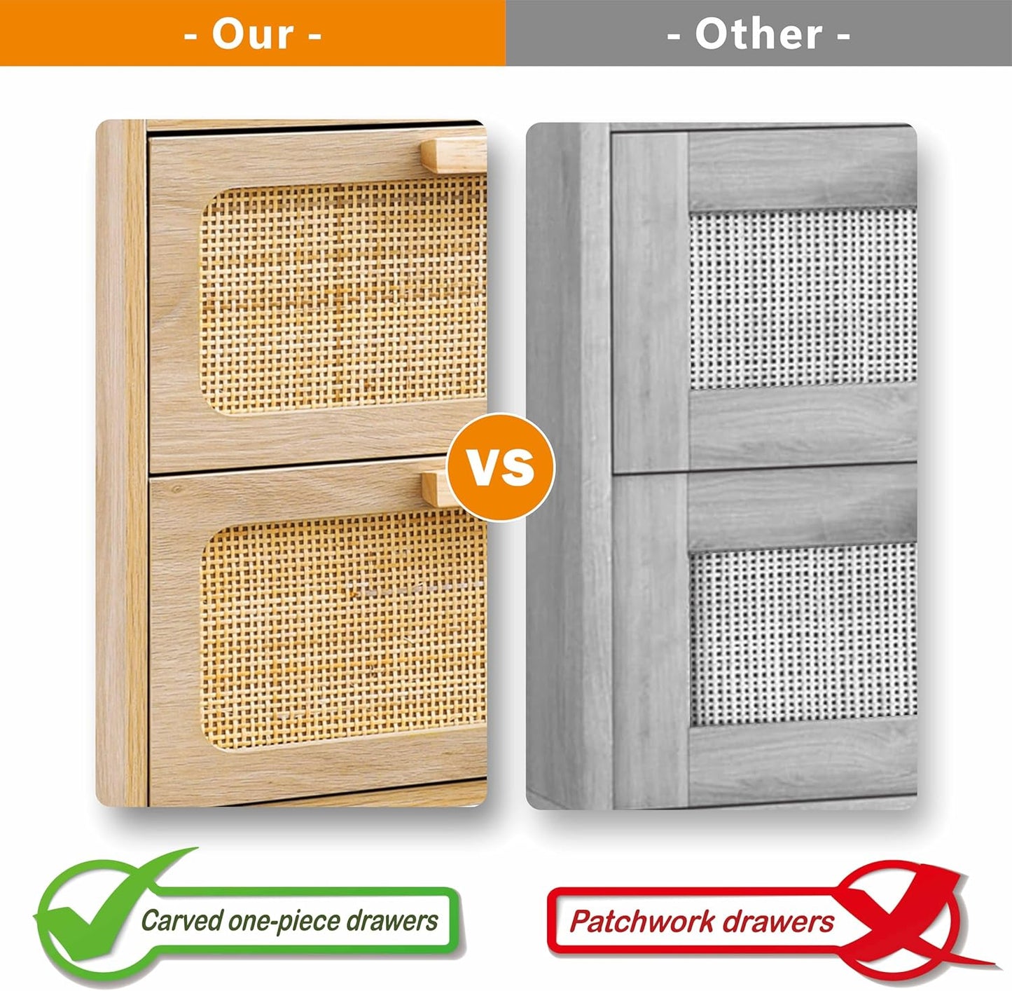 Rattan Nightstand,Boho Bedside with Storage,End Table,Side Table with 2 Hand Made Rattan Decorated Drawers for Small Space,Livingroom,Bedroom,Natural 11.8" D x 16" W x 22.4" H CTG59Y