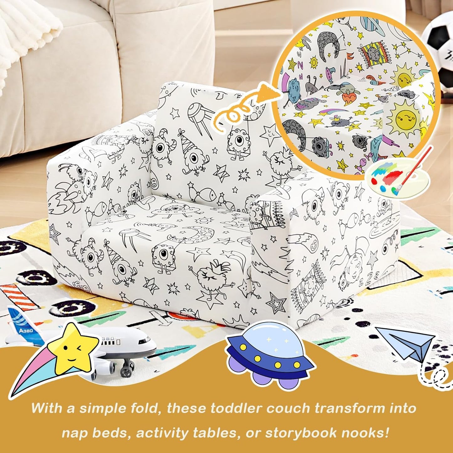 Tiita Kids Sofa Couch, Convertible Children Couch to Lounger, Toddler Comfy Sofa with Cute Graffiti Pattern Design for Girls and Boys, Graffiti