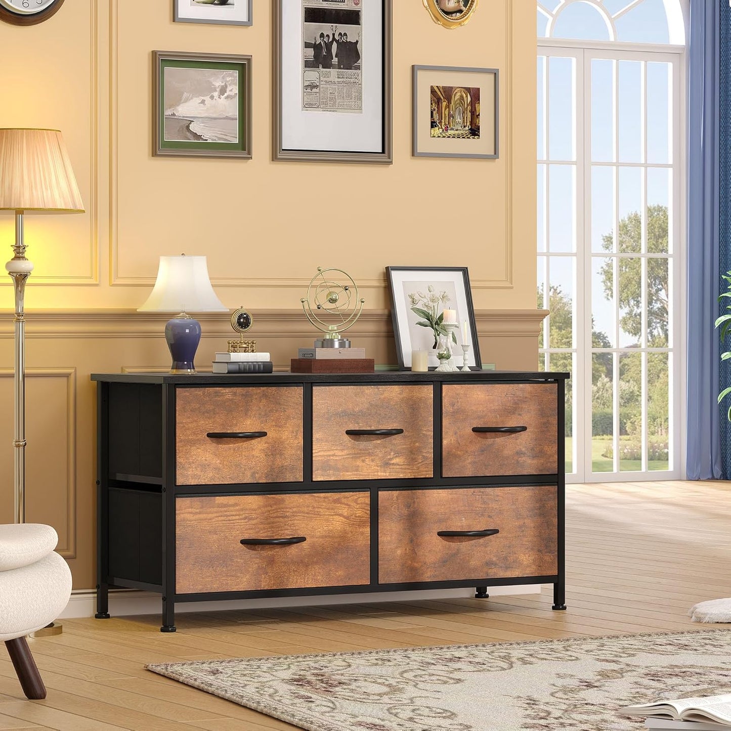 DWVO Dresser for Room with 5 Drawers - Fabric Storage Tower, Long Fabric Dresser, Organizer Unit for Closet, Hallway