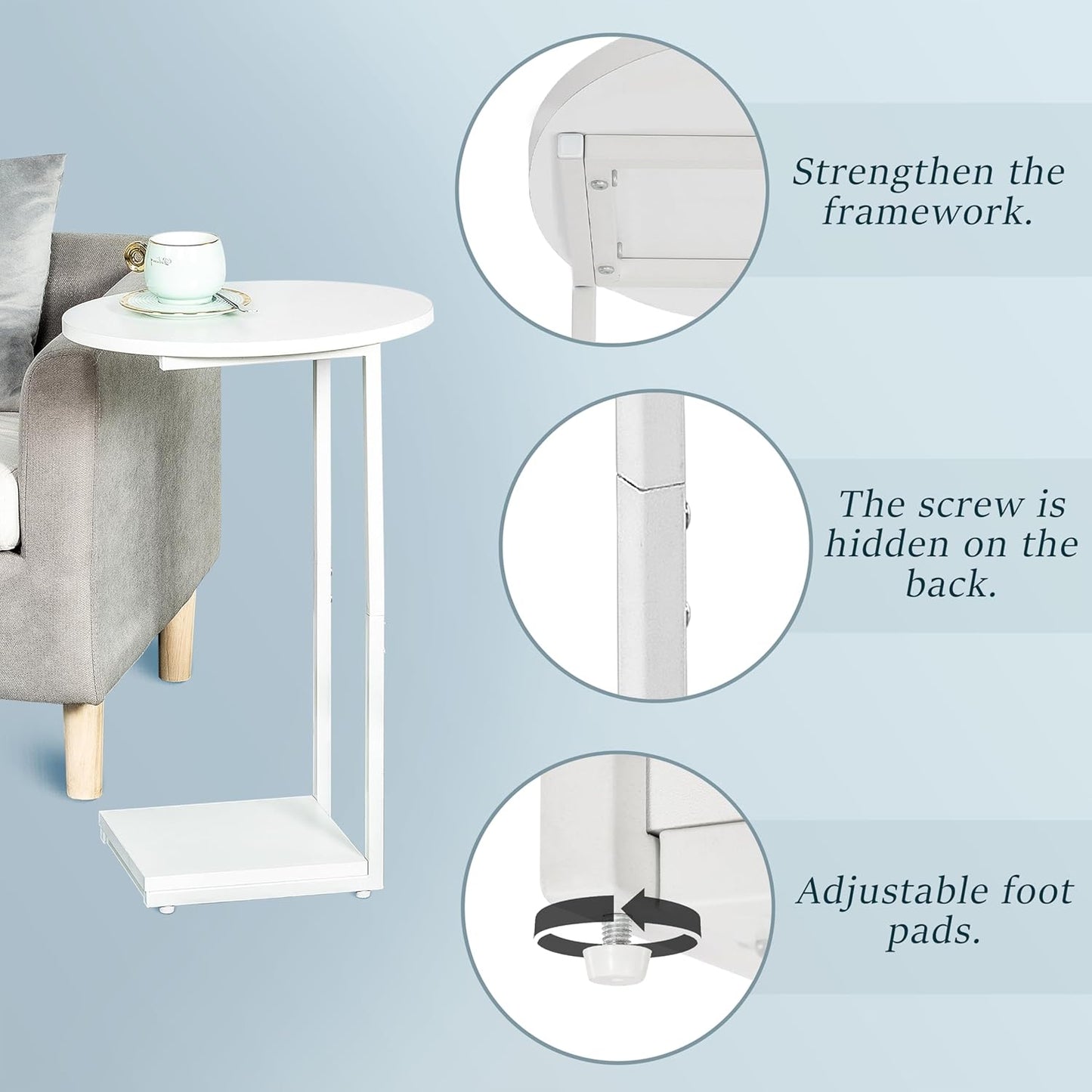 HDANI C Table Small End Table,Couch Tables That Slide Under,C Shaped Oval Side Table for Living Room,Bedroom,Small Spaces,White