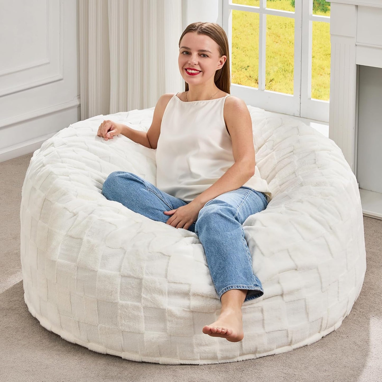 Hobestluk Bean Bag Chairs Beanbag Chair with Filler Adult Bean Bags with Fluffy Plaid Cover, Giant Bean Bag Chairs for Adults for Living Room, Bedroom (White, 3FT - 36” x 36” x 22”)