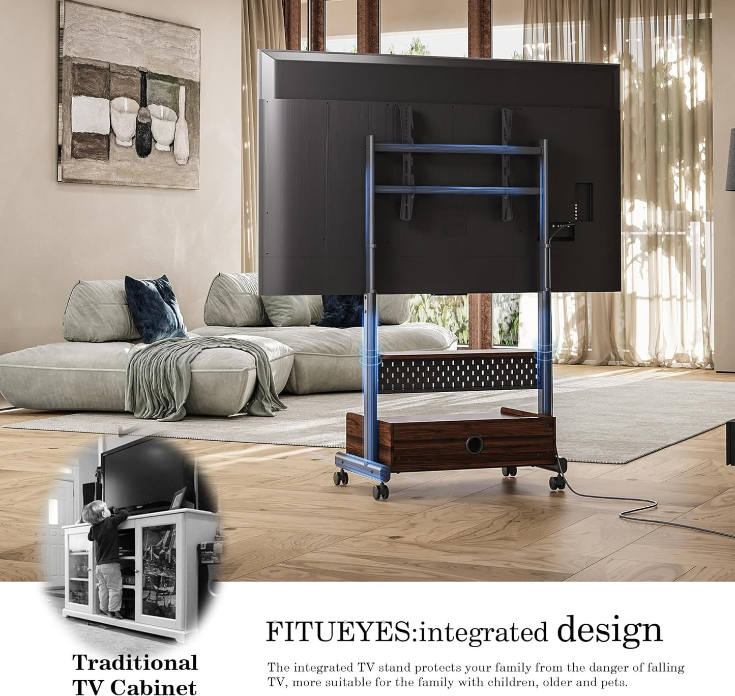 FITUEYES Rolling TV Floor Stand for 40-85in TVs, Heavy Duty Mobile TV Stand on Wheels Lockable, TV Cart with Wooden Large Storage Shelf & Pegboard Hold up to 132 lbs for Bedroom, Living Room, Office