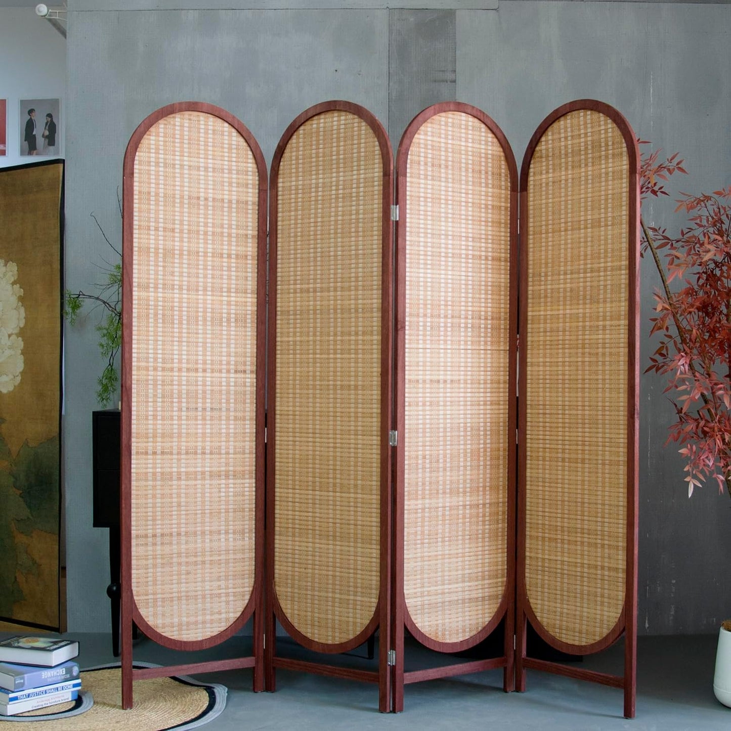 4 Panel Room Divider Screen and Folding Panel Screen in Arch Shape,Double Sided Panel Divider for Room Separation,Light Brown,70.9" H x 70.9" W