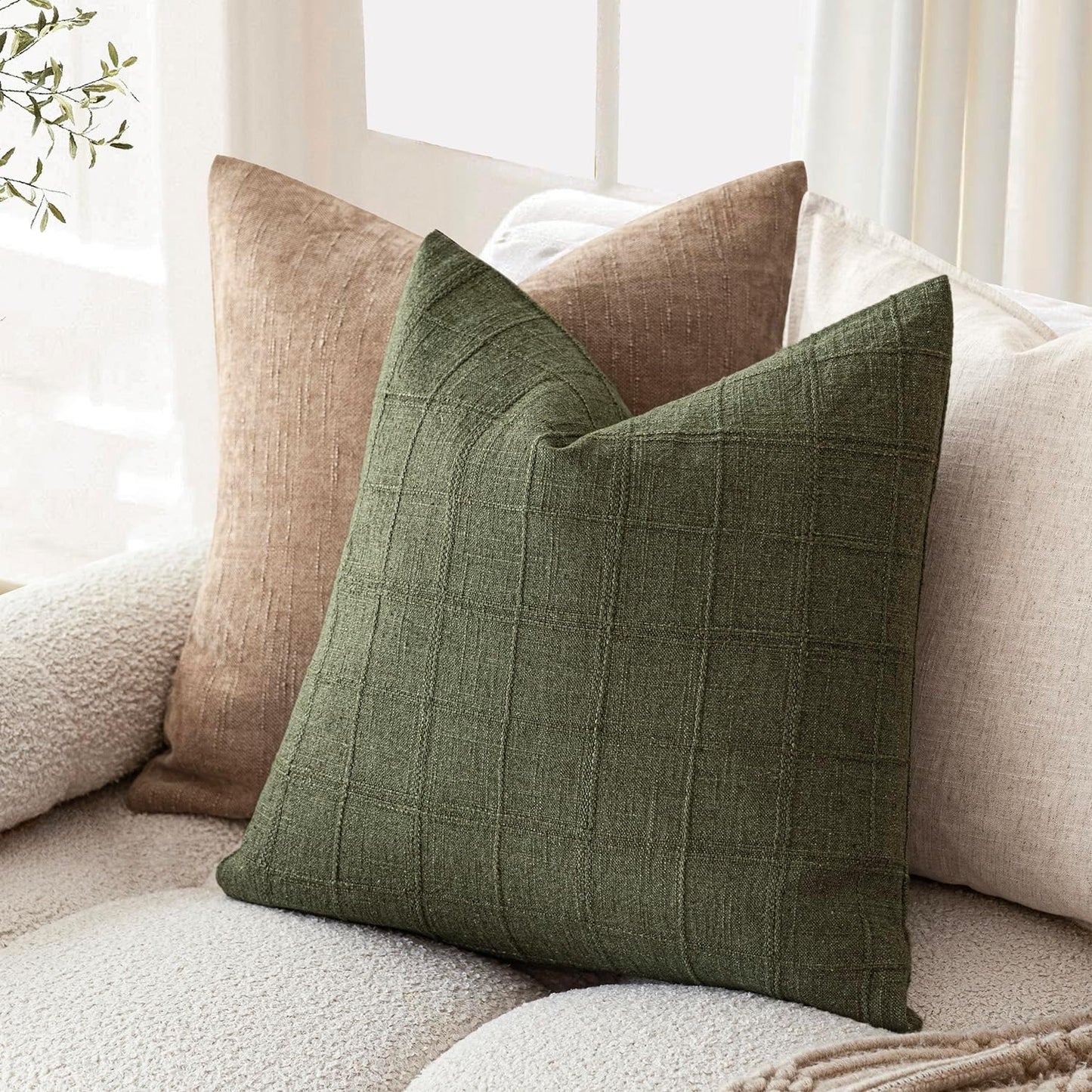 Foindtower Set of 2 Decorative Linen Check Throw Pillow Covers Neutral Farmhouse Vintage Cushion Covers Modern Boho Home Decor for Sofa Chair Couch Bedroom Living Room Outdoor,22×22 Inch,Olive Green