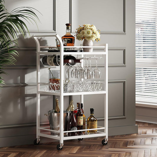 TUTOTAK Bar Cart, Home Bar Serving Cart with 3-Tier Mirrored Shelf, Mobile Kitchen Shelf, Rolling Beverage Cart, White BC01BW034