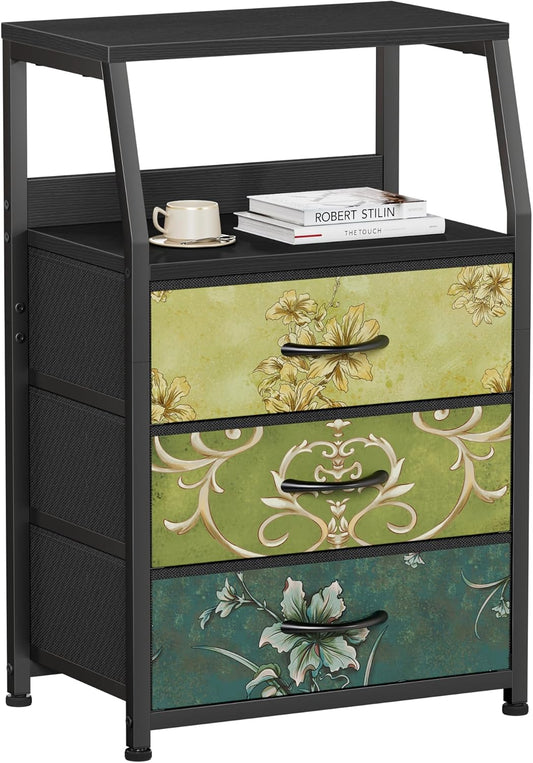 Furnulem Retro Night Stand with 3 Drawers and 2-Tier Shelf, Small Nightstand Side Table, Vintage Storage Dresser for Bedroom, Fabric Drawer Organizer for Closet, Beside Furniture