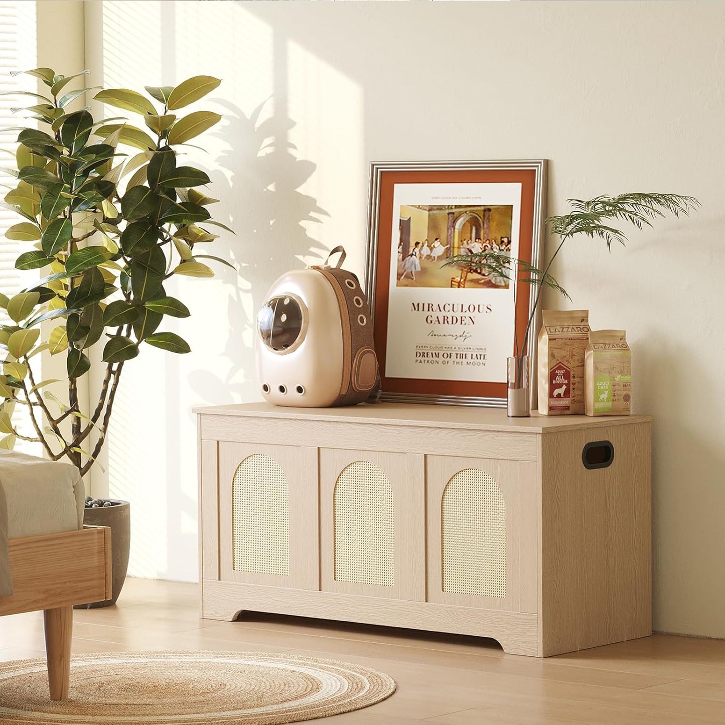 DINZI LVJ Storage Chest, 39.4" Rattan-Like Box with 2 Safety Hinges, Wooden Entryway Shoe Bench with Flip-Top, Storage Trunk for Living Room, Bedroom, Easy Assembly, Natural