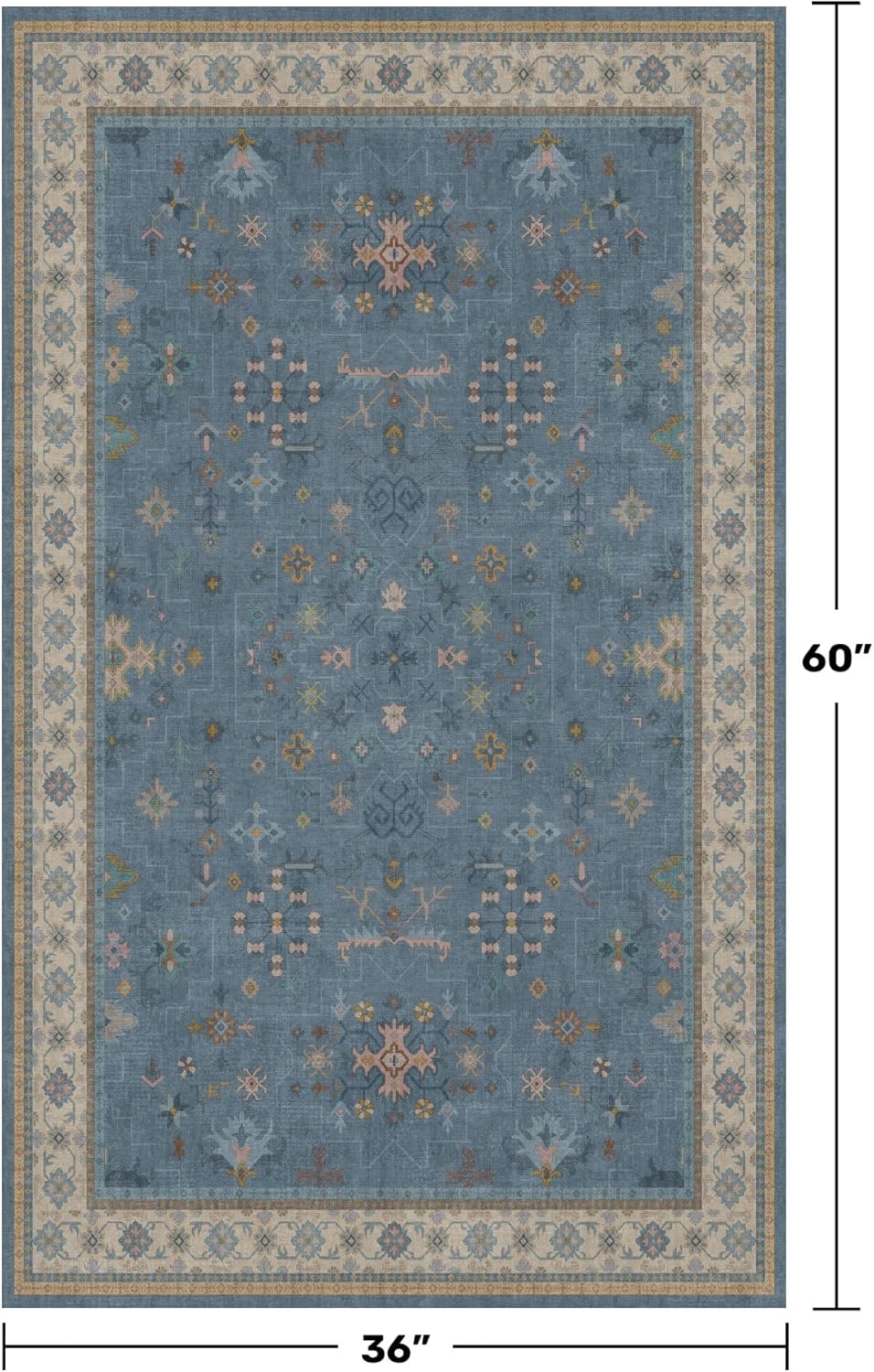 Washable Blue Rugs for Entryway Indoor - 3x5 Throw Rug for Large Kitchen, Bedroom Bedside, Laundry Room, Mudroom, Boho Eclectic Modern Décor, Non Slip Low Pile Fade Resistant