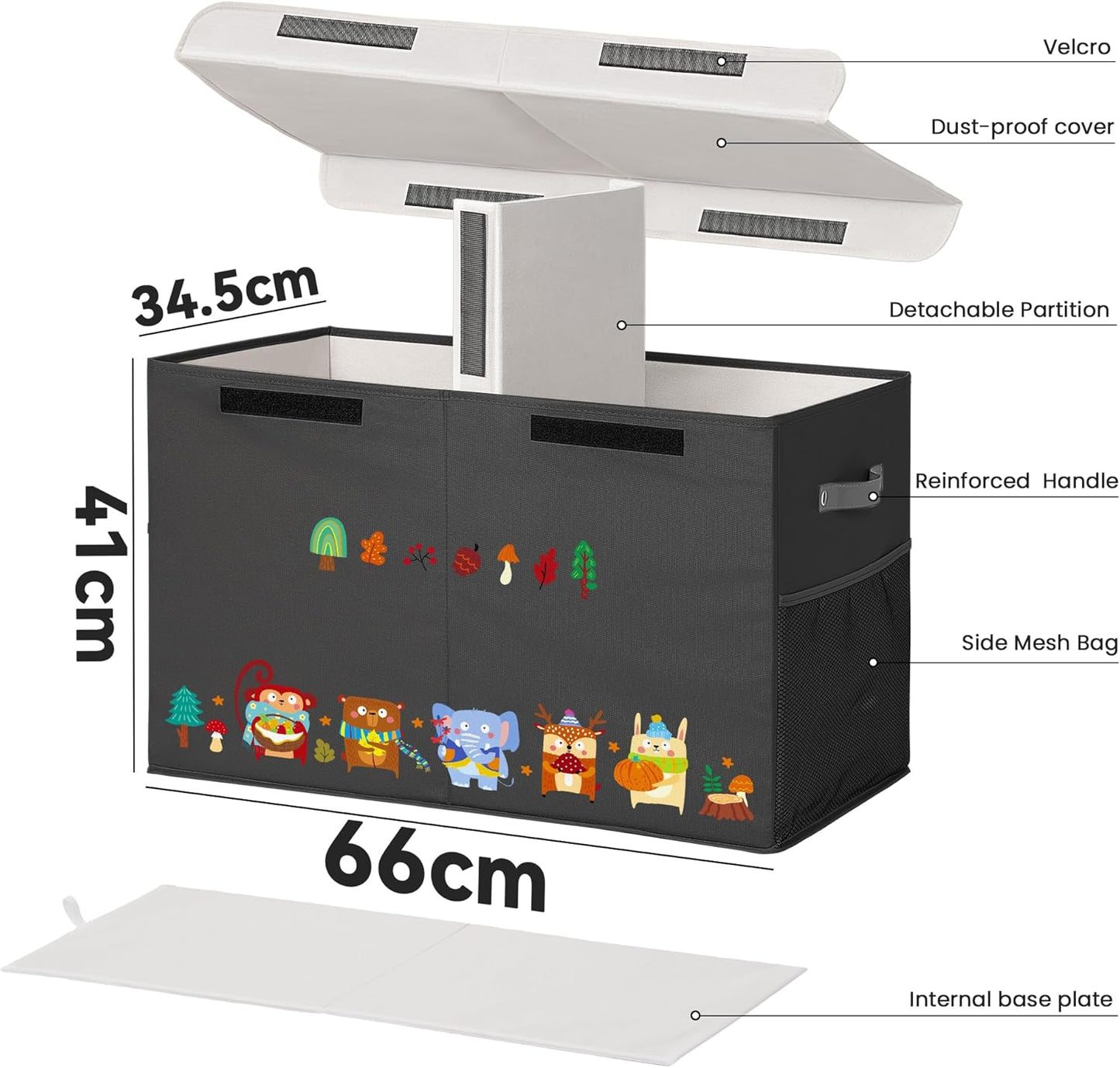 80L Large Toy Storage Box with Lid, Large Toy Box Chest for Kids, Girls and Boys, Nursery Room and Living Room, 26"x13" x16" (black-animal)
