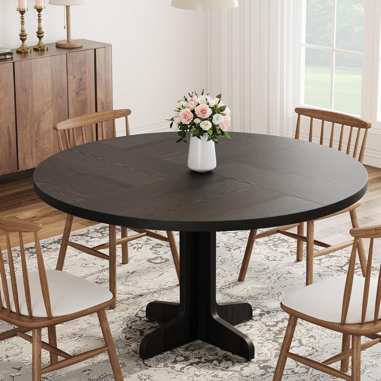 Garvee 47 Inch Round Dining Table for 4, Farmhouse Kitchen Dining Room Circle Dinner Table, Kitchen Dining Room Furniture, Black (Table Only)