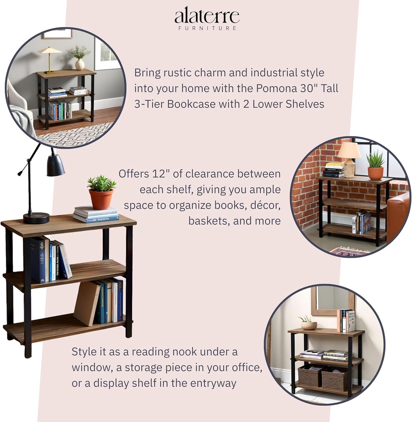 Pomona 3-Tier Bookcase with 2 Lower Shelves – 30" Tall Rustic Industrial Under-Window Bookshelf with Solid Wood and Metal Frame for Living Room, Bedroom, or Home Office by Alaterre Furniture