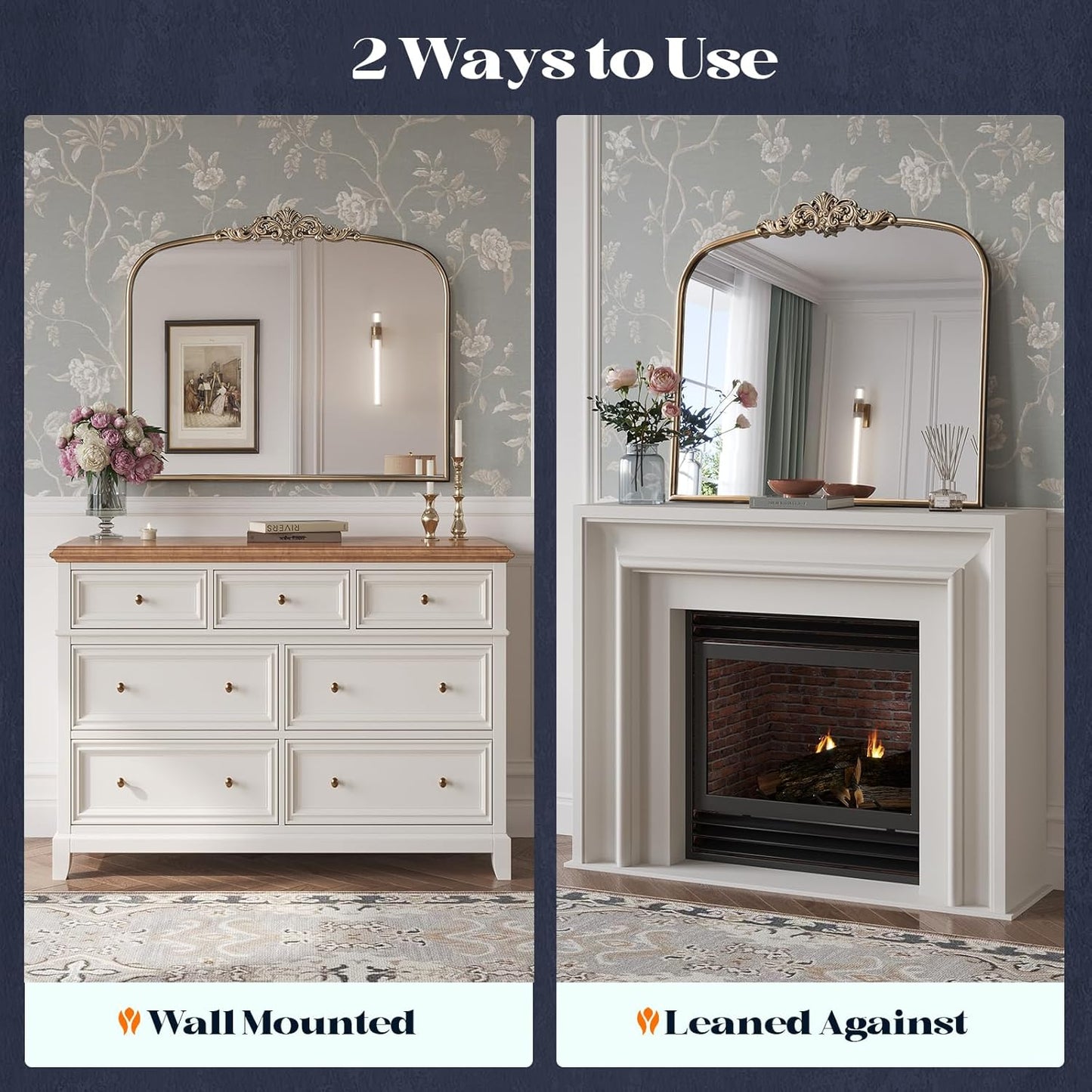 Vintage Gold Ornate Baroque Mirror, 30” x 36” Arched Antique Brass Mirrors for Fireplace Mantel, Arch Bathroom Vanity Mirror for Wall with Metal Frame for Entryway Bedroom Living Room