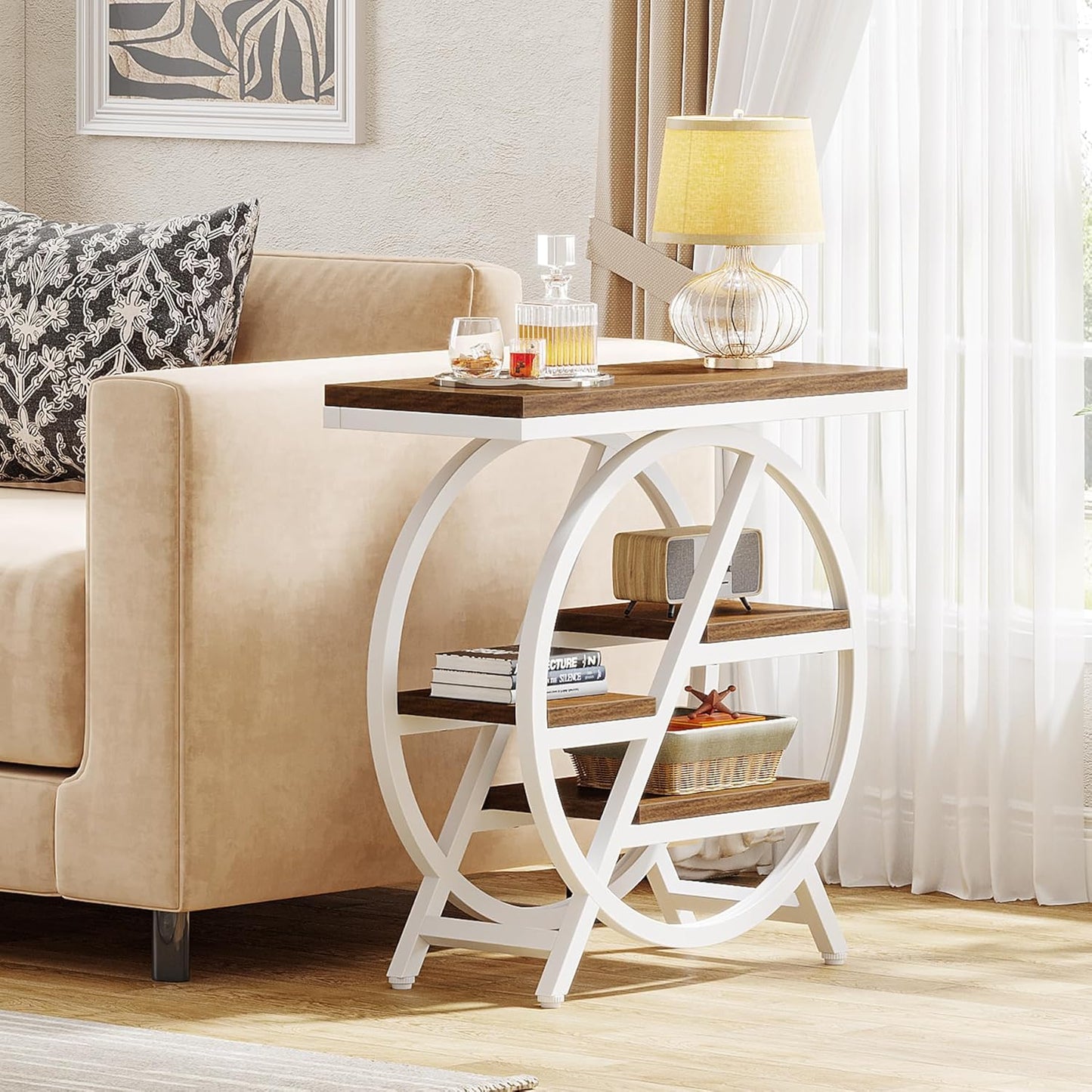 Tribesigns End Table Set of 2, 3-Tier Modern Narrow Side Table with Storage, Wood Sofa Side Table with Geometric Metal Frame, Nightstand and Bedside Table for Bedroom (Light Brown+White)