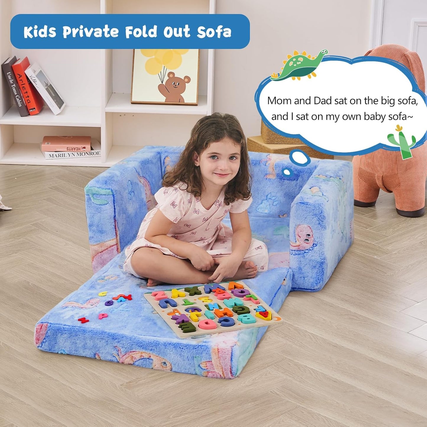 Toddler Chair Comfy,2-in-1 Soft Toddler Couch Fold Out for Kids,Convertible Sofa to Lounger,Gift for Girls and Boys Birthday,Dinosaurs,Medium