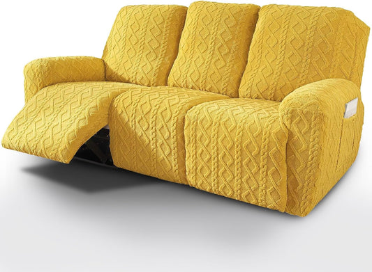 vctops 8 Pieces Geometric Jacquard Plush Recliner Sofa Covers Soft Fuzzy Fluffy 3 Seats Couch Cover Anti-Slip Sofa Slipcover Furniture Protector with Elastic Bottom for Kids Pet(Yellow,3 Seat)