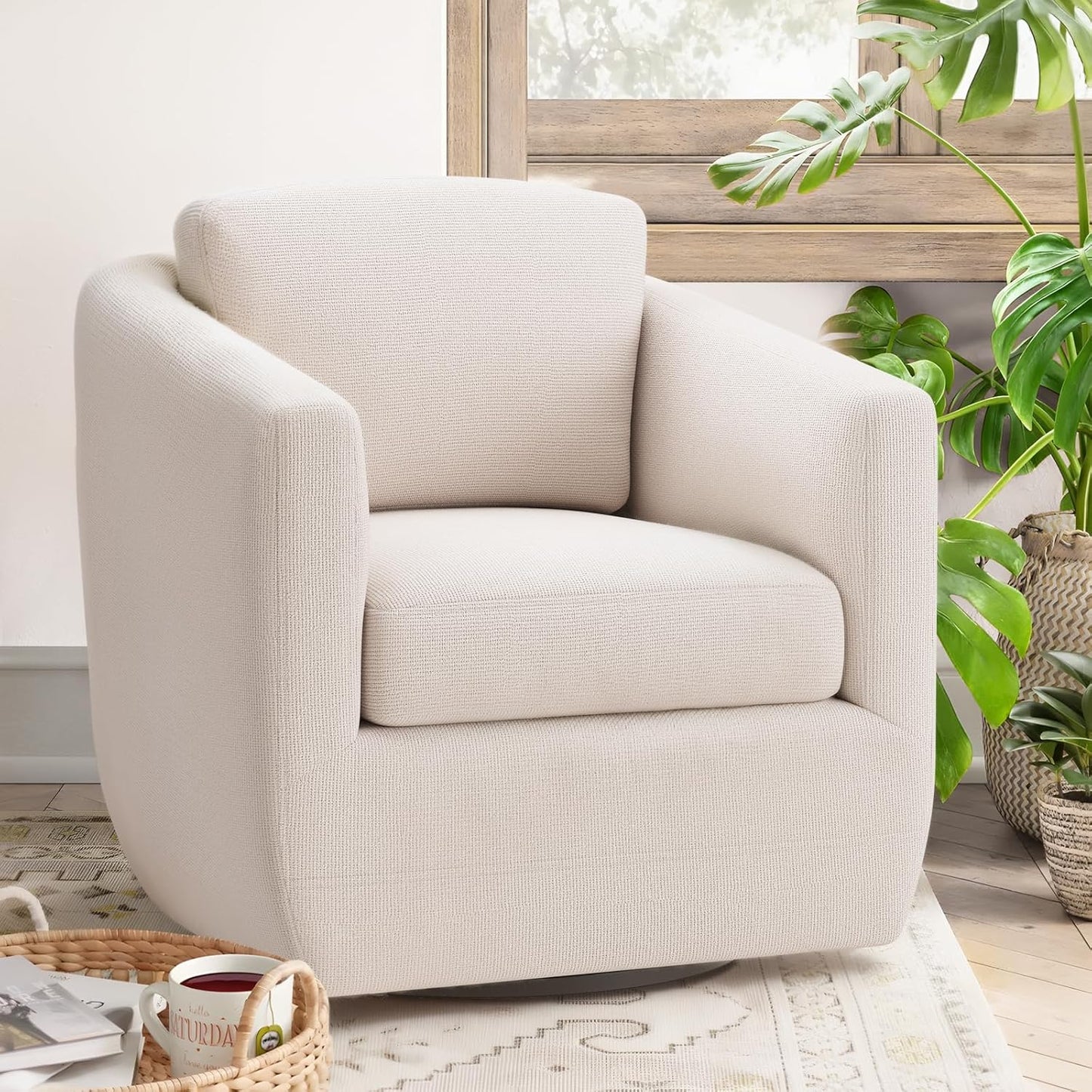 COLAMY 360° Swivel Accent Chair with Pillow - Comfy Living Room Armchair No-Sag Foam & Sturdy Metal Base, Fully Assembled Swivel Accent Single Sofa for Bedroom Living Room, Office, Beige