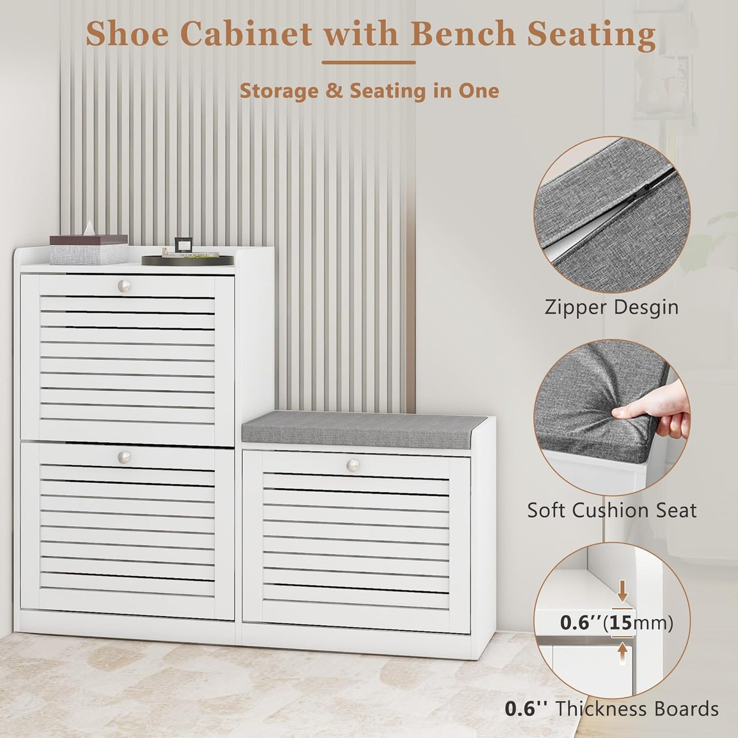 Shoe Bench with 3 Flip Drawers, Entryway Storage Bench with Cushion, Adjustable Shelves, Shoe Cabinet with Storage Space for Entryway, Living Room, Hallway, Mudroom, Bedroom, White