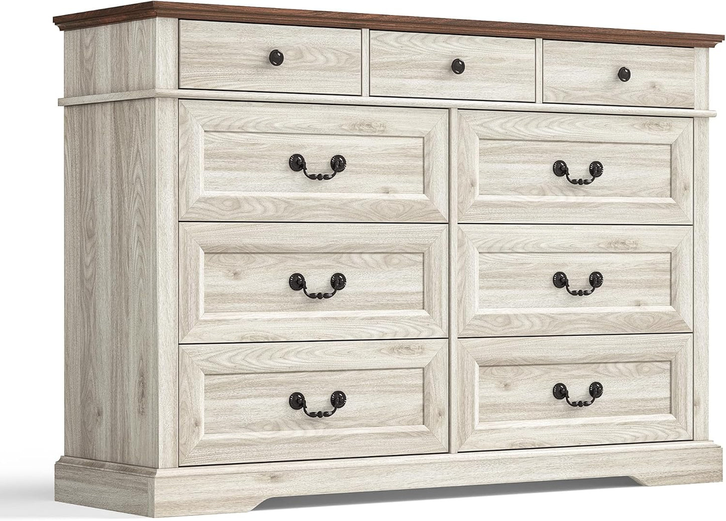 LINSY HOME 9 Drawers Dresser for Bedroom, 54" Wide Wooden Storage Chest with Antique Handles, Modern Farmhouse Large Dresser TV Stand, Chest of Drawers for Closet, Living Room, Hallway, Beige