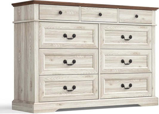 LINSY HOME 9 Drawers Dresser for Bedroom, 54" Wide Wooden Storage Chest with Antique Handles, Modern Farmhouse Large Dresser TV Stand, Chest of Drawers for Closet, Living Room, Hallway, Beige