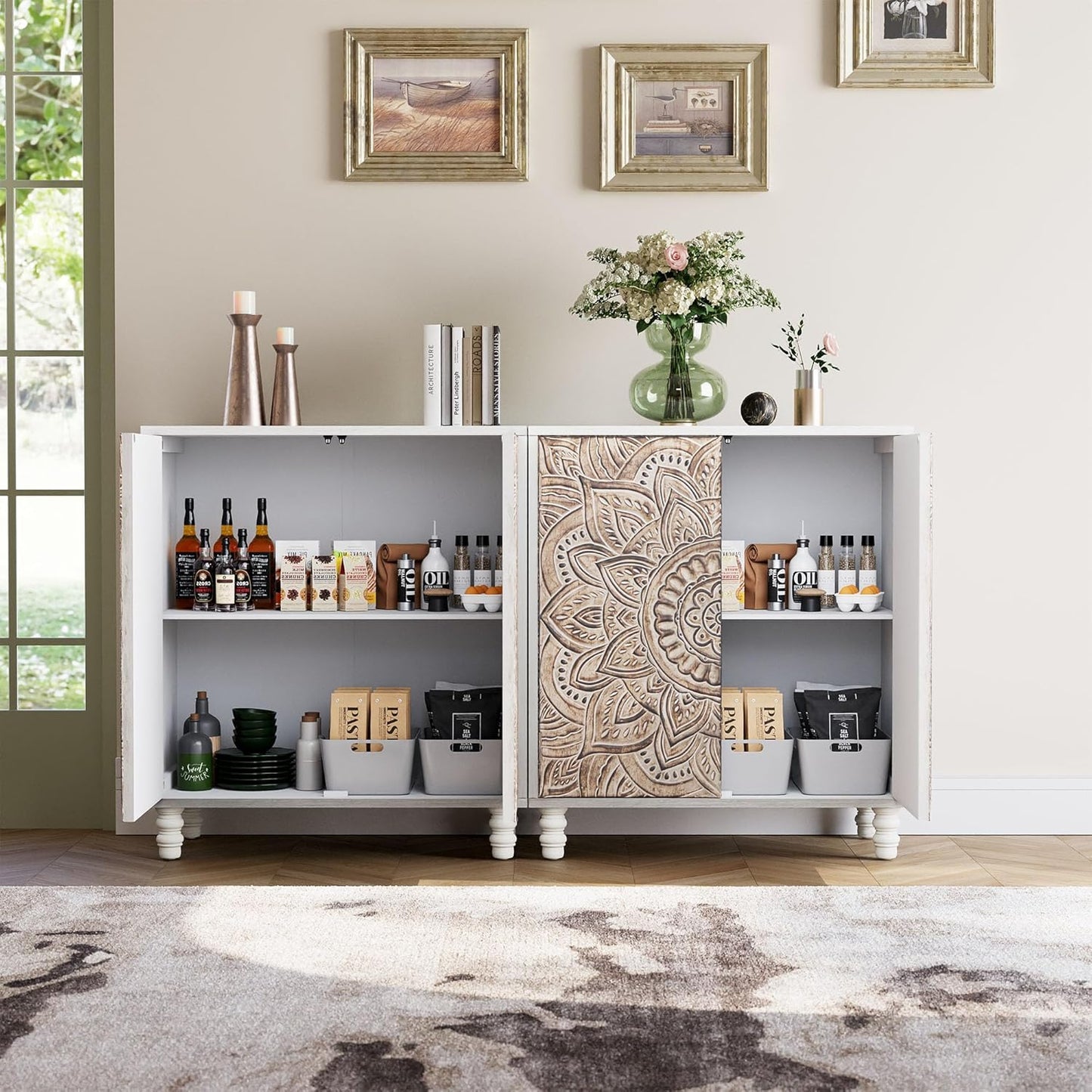 COSIEST Set of 2 32" Buffet Sideboard Cabinets with Storage, Accent Cabinet with Push-to-Open Doors, Vintage Lotus Carved Pinewood Doors, Entryway Console for Living Room, Kitchen, Hallway, Gray