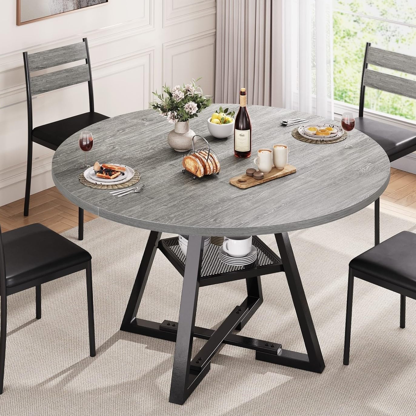 Round Dining Table for 4,Kitchen Dining Room Circle Dinner Pedestal Table,Space Saving Wood Kitchen & Dining Room Furniture (Grey, 47In)