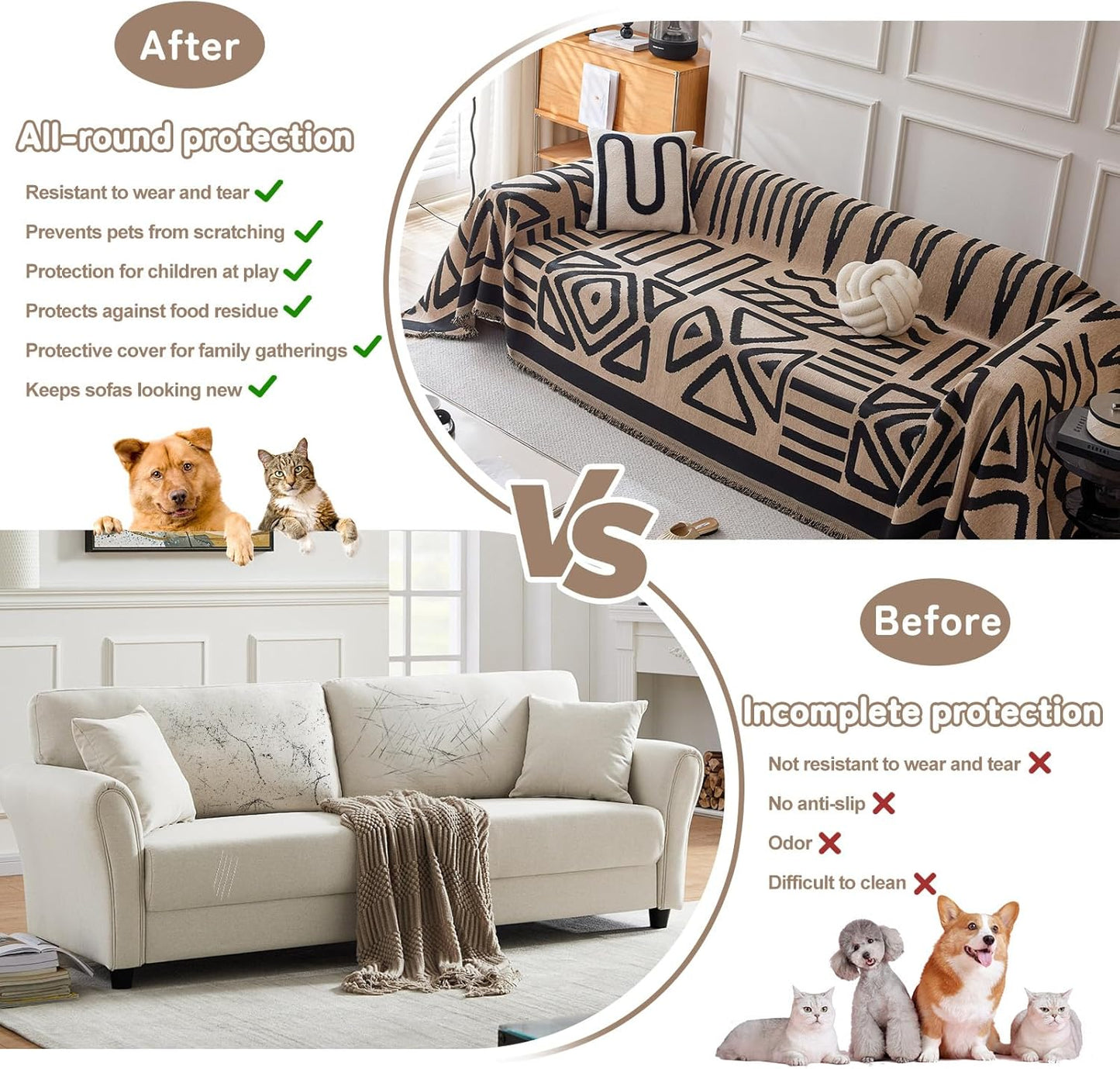 HANDONTIME Boho Geometric Couch Covers for Sofa Pet Friendly Taupe and Black Sofa Covers Washable Chenille Couch Blanket Cover for 3 4 Cushion Couches Pet Protector Furniture Cover Soft, 71" X 150"