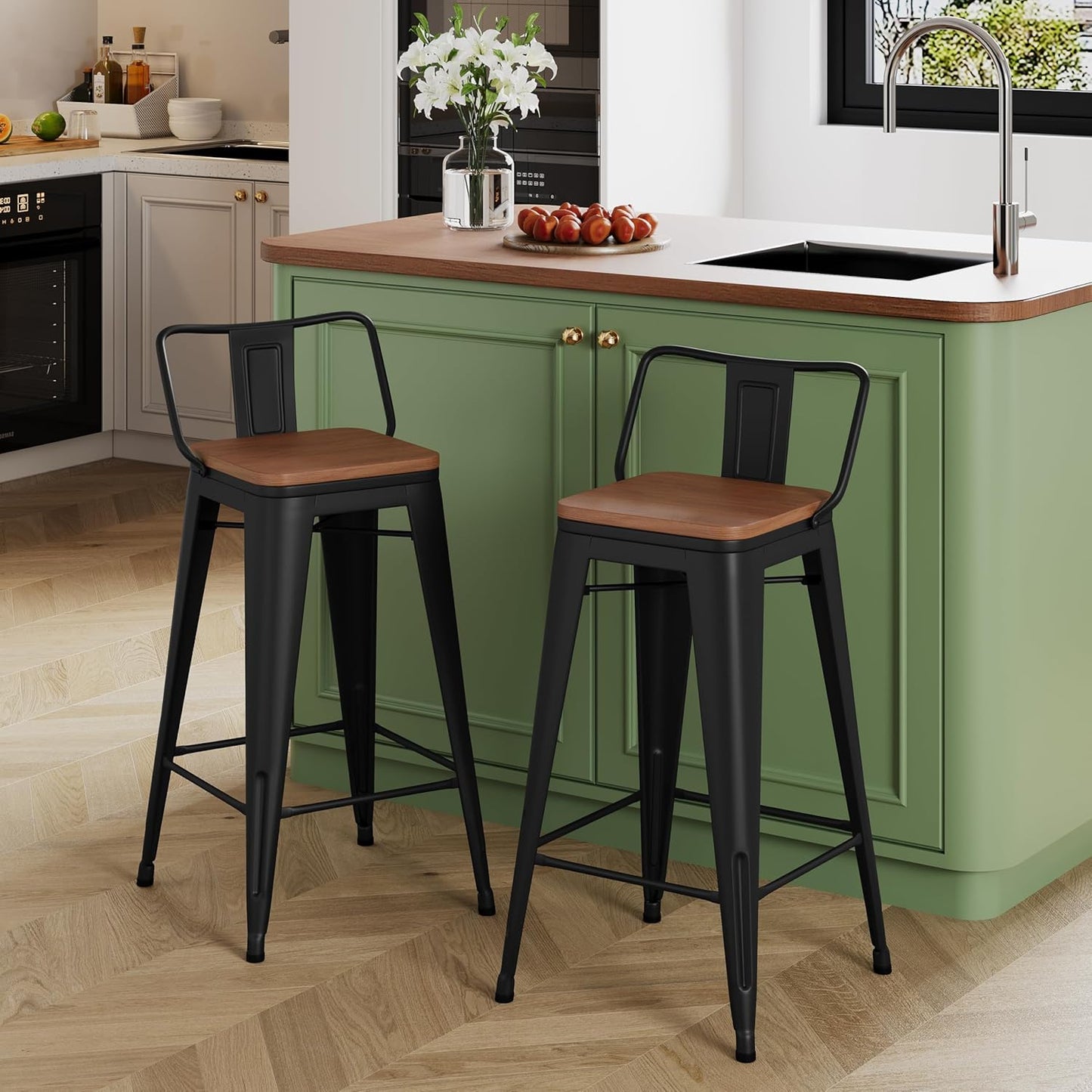 Yongchuang 30 inch Bar Stools Set of 2 Bar Height Metal Barstools with Wood Seat Low Back Kitchen Bar Chairs Matte Black