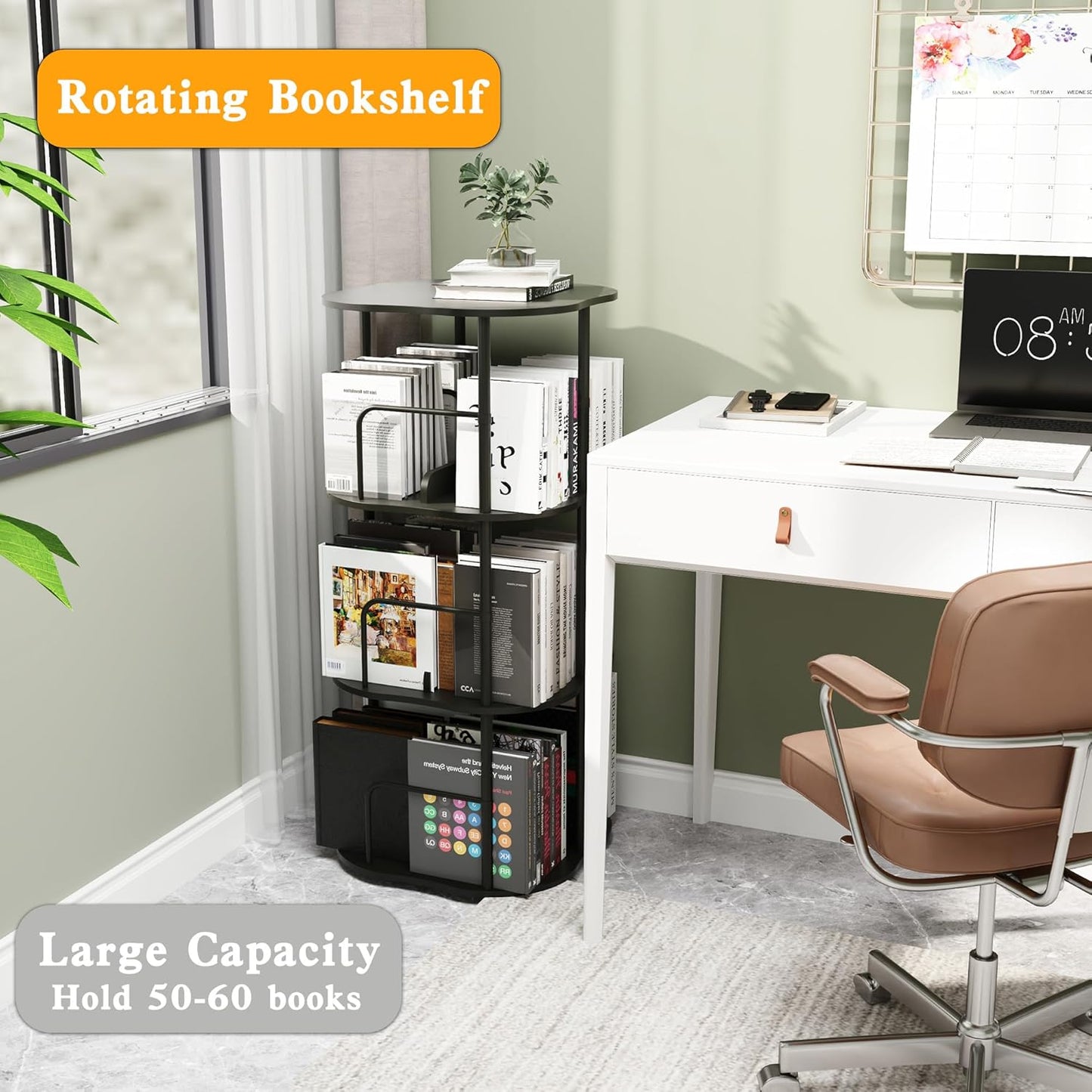 3-Tier Rotating Bookshelf, 360 ° Display Stackable Spinning Bookshelf Tower, Narrow Space Saving Tall Floor Standing Swivel Bookcase Corner Organizer for Bedroom, Living Room, Black