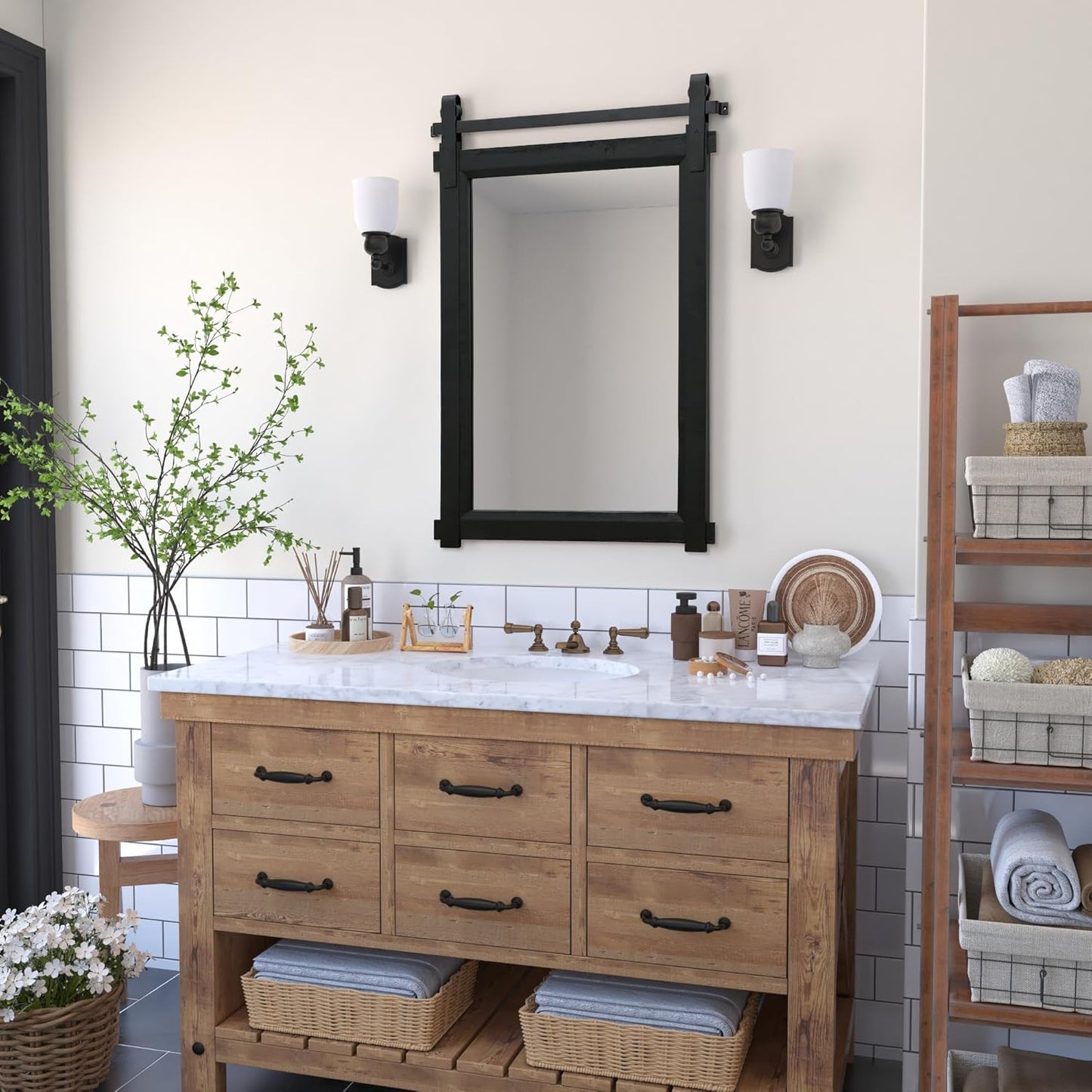 Rustic Barn Door Mirror: 24"x36" Black Farmhouse Wood Frame - Wall Mirror for Entryway/Bathroom/Living Room Wall Decor