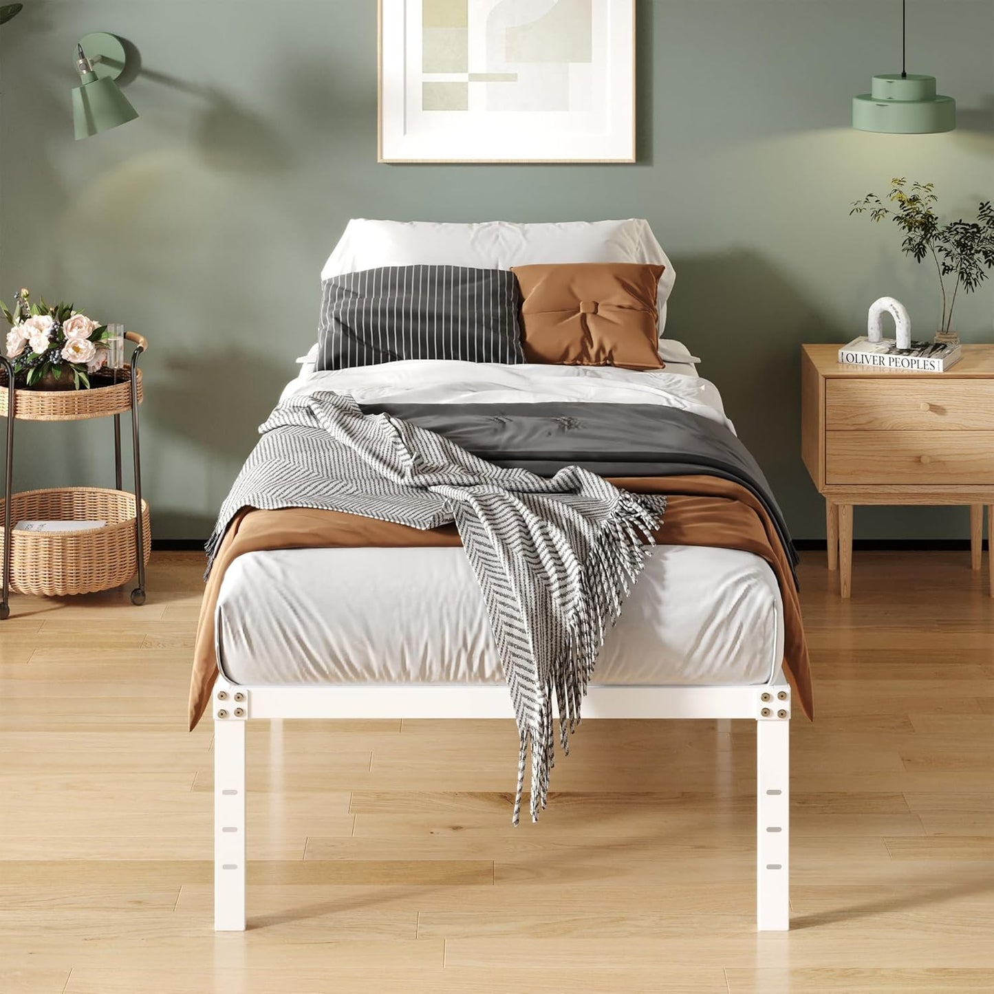 16 Inch White Twin Bed Frames No Box Spring Need, Metal Platform Bed Frame Twin Size Heavy Duty Mattress Foundation, Eassy Assembly 2,500 lbs Steel Slats Support