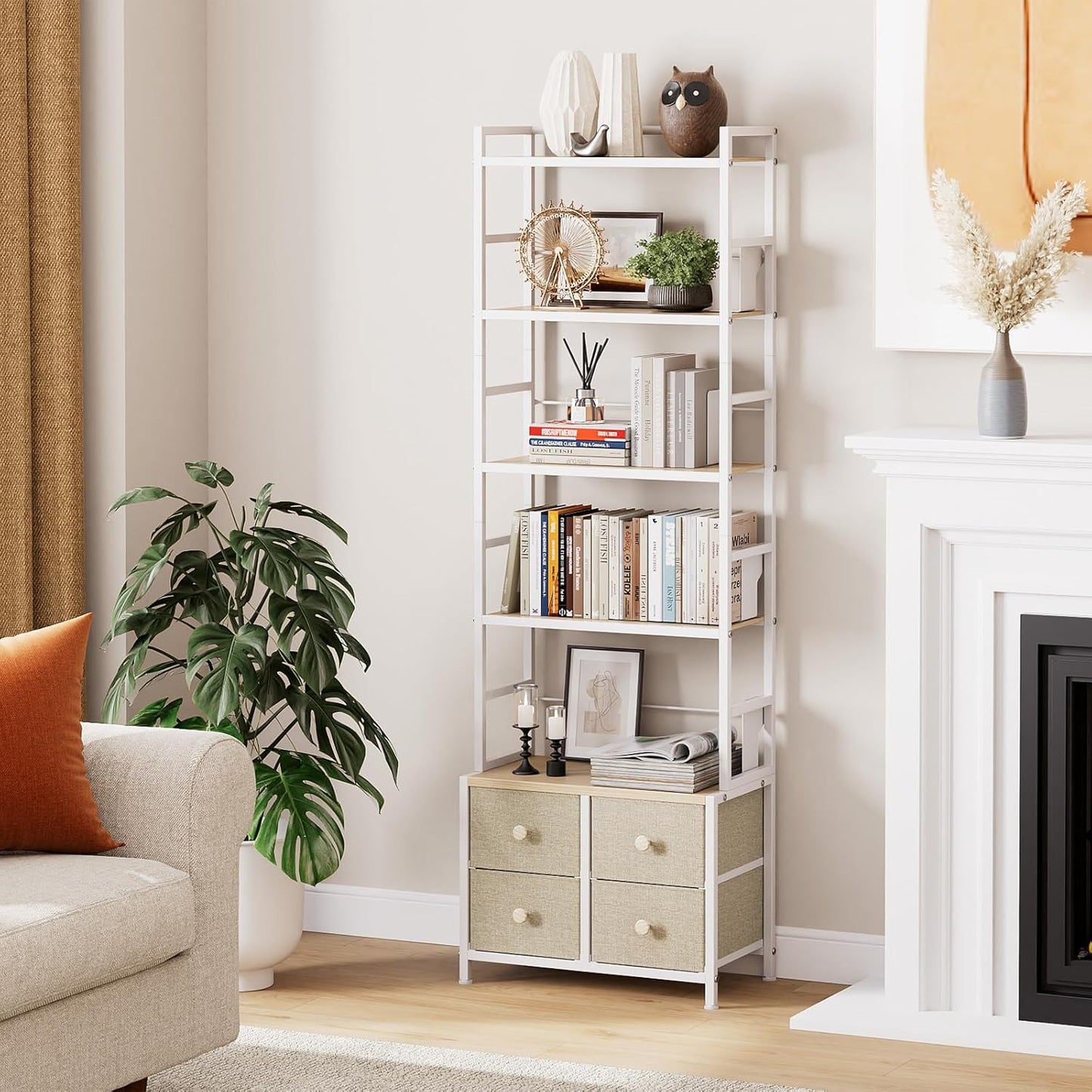 5 Tier Bookshelf, Modern Bookcase with Bookends and 4 Drawers Storage Organizer, Metal Industrial Display Shelf, Free Standing Storage Shelving Unit for Bedroom, Living Room and Home Office