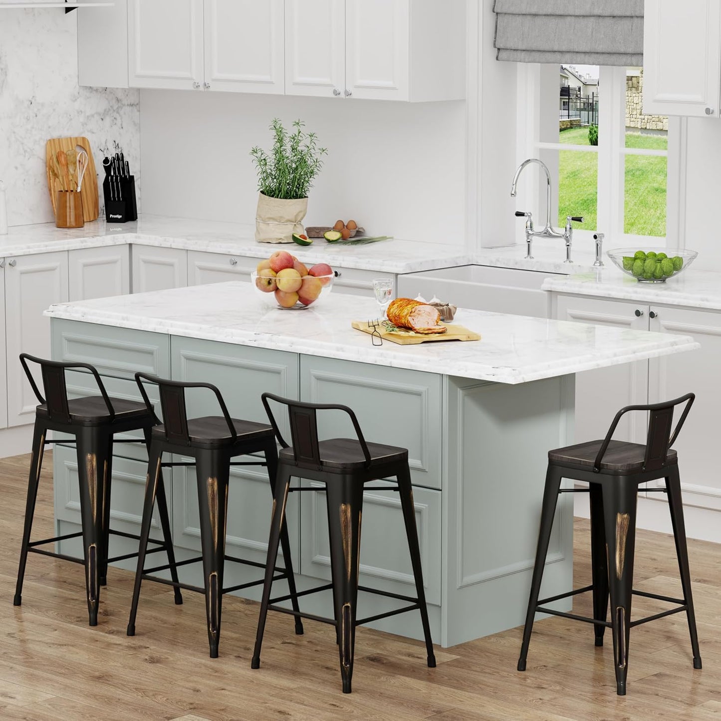 Yongchuang 26 inch Metal Bar Stools Set of 4 Counter Bar Stools Distressed Gold Black Wood Top Low Back