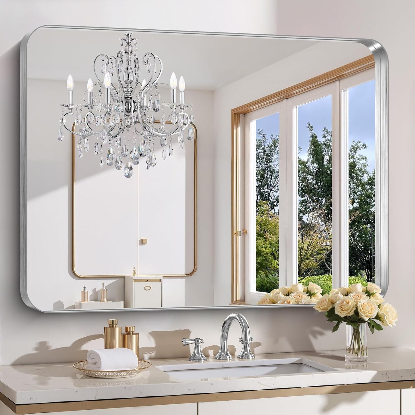 FORBATH 48x36 Inch Bathroom Mirror, Brushed Silver Deep Frame Wall Mirror with Rounded Corners, Anti-Rust Tempered Glass for Modern Farmhouse Vanity (Horizontal/Vertical Hanging)