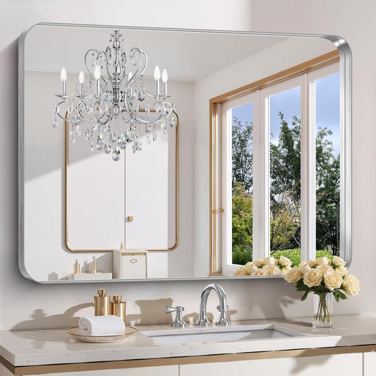 FORBATH 48x36 Inch Bathroom Mirror, Brushed Silver Deep Frame Wall Mirror with Rounded Corners, Anti-Rust Tempered Glass for Modern Farmhouse Vanity (Horizontal/Vertical Hanging)