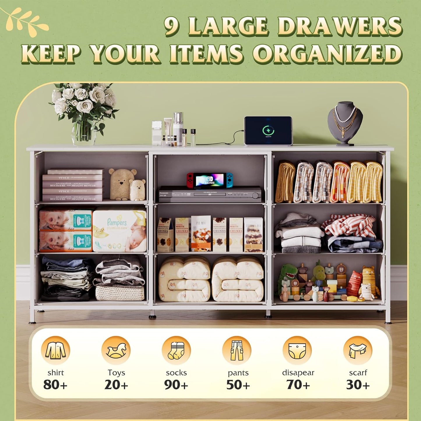 WLIVE 54''W Dresser for Bedroom, White Dresser TV Stand for 55, 60, 65 inch TV, Wide Chest of Drawers with 9 Drawer, Large Entertainment Center, Fabric Dressers with Wood Top for Closet, Living Room