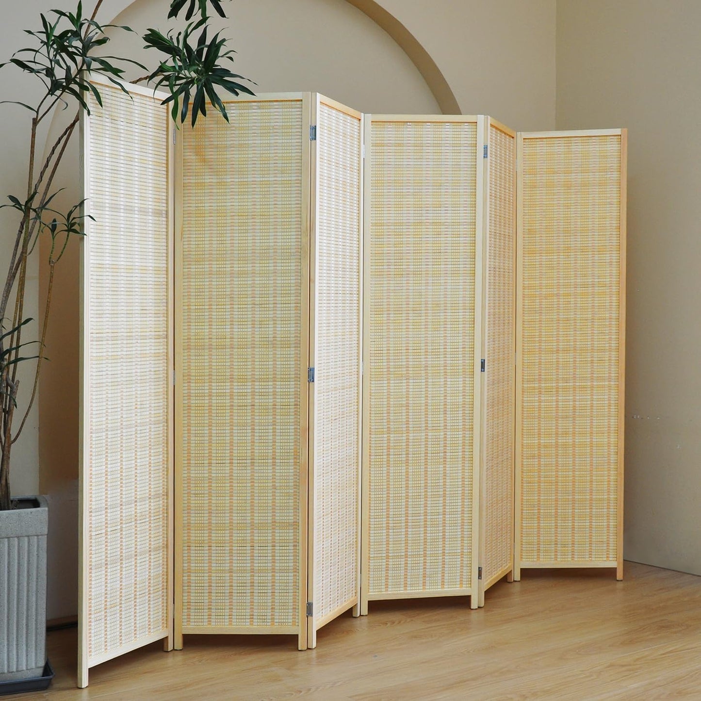 6 Panel Folding Room Divider Screen, Bamboo, for Separation, Beige, 67" H x 92.1" W