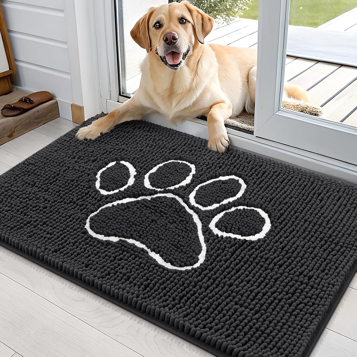 OLANLY Door Mat for Muddy Dog Paws 36x24, Ultra Absorbent Chenille Mud Doormat with Paw Print Design, Non-Slip Washable Doormat for Indoor Entryway, Quick-Dry Pet Bed Mats for Dirty Dogs, Dark Grey