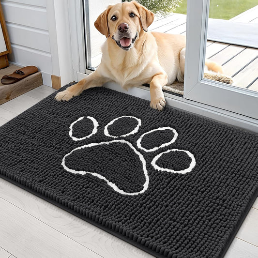 OLANLY Door Mat for Muddy Dog Paws 36x24, Ultra Absorbent Chenille Mud Doormat with Paw Print Design, Non-Slip Washable Doormat for Indoor Entryway, Quick-Dry Pet Bed Mats for Dirty Dogs, Dark Grey