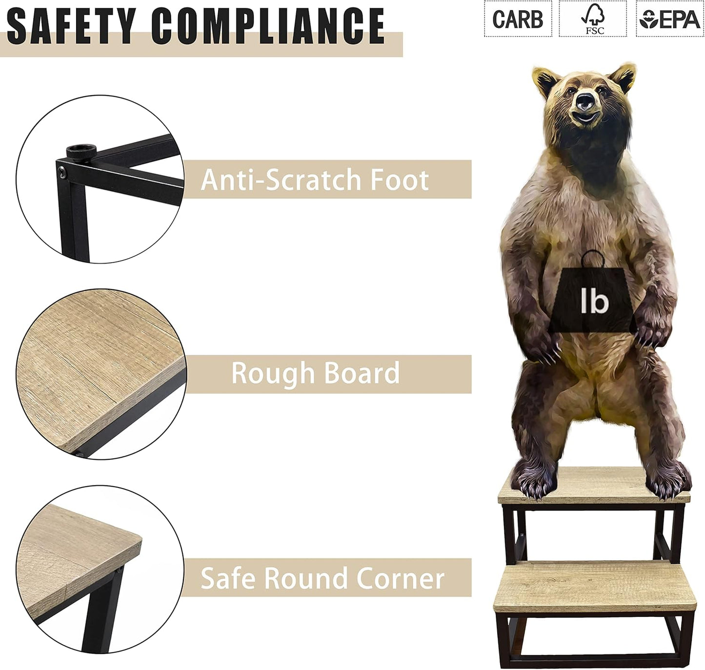 Step Stool, Wood and Metal Step for Adults Kids, Bedside Stepping Stool for High Bed with Round Corners, 2 Steps Foot Stool for Kitchen Bedroom, Load 500 LB, Beige