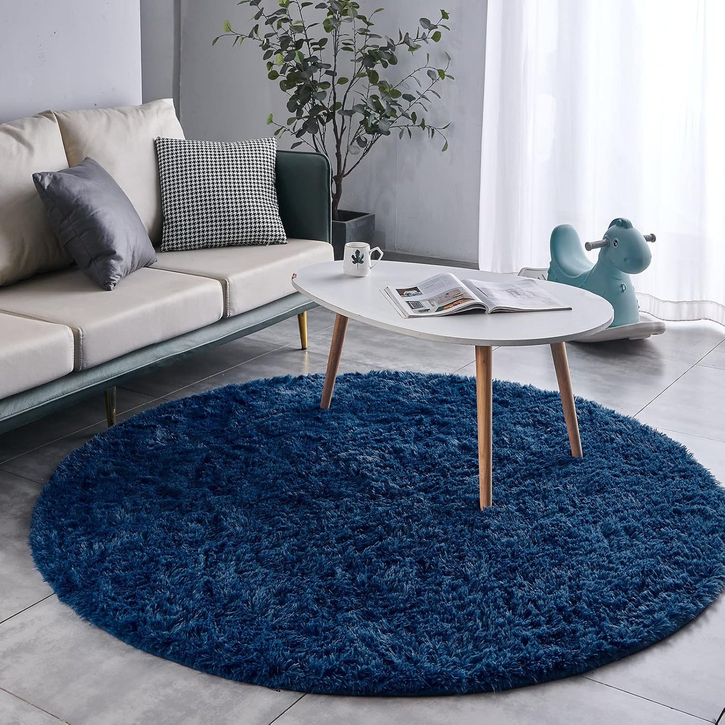 FJZFING Navy Blue Round Rug Ultra-Soft Plush Modern 4x4 Circle Area Rug for Kid's Bedroom, Fluffy Shag Circular Rug for Nursery Room, Non-Slip Home Decor Cute Navy Blue Carpet for Teen's Room
