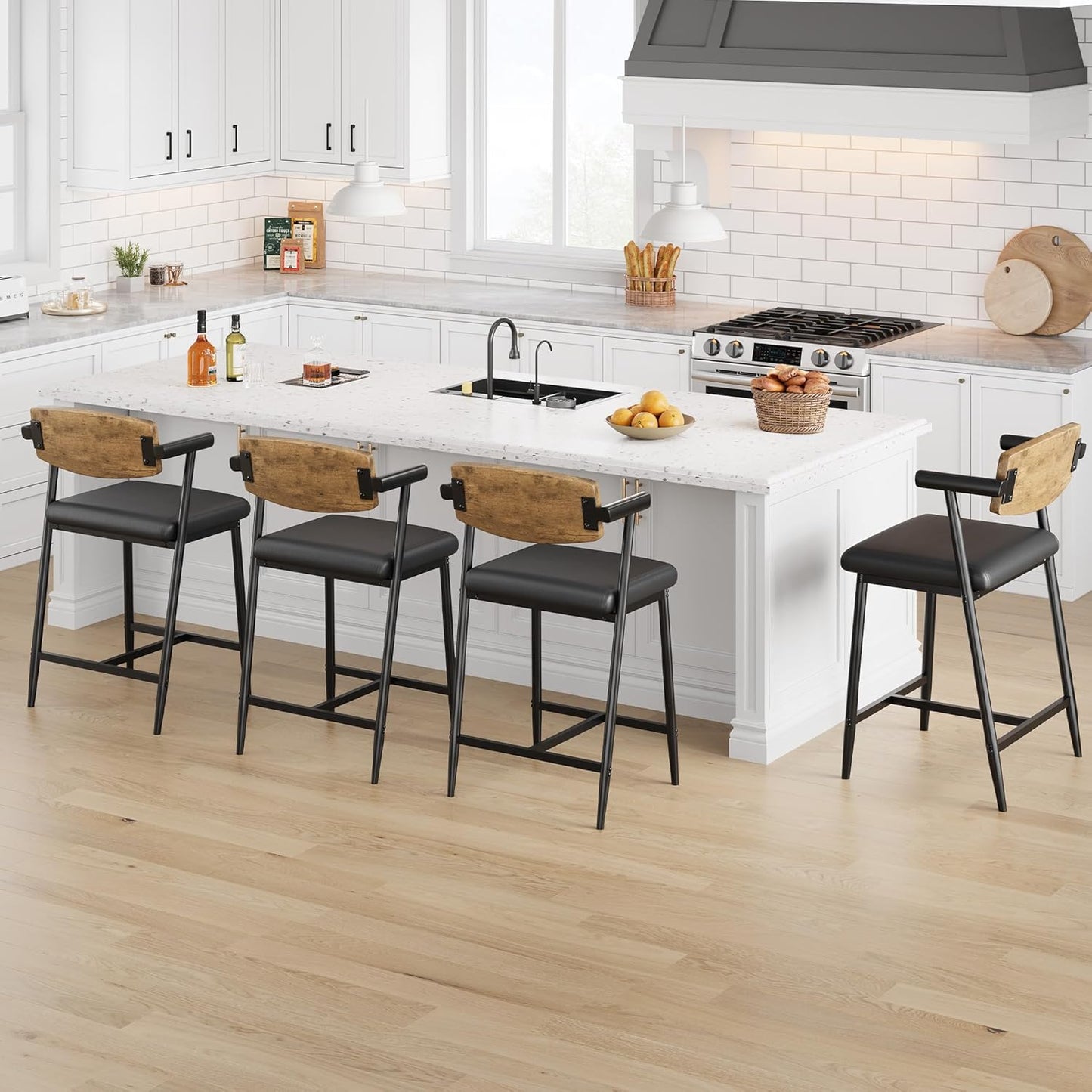 GarveeHome Counter Height Bar Stools Set of 2 with Arms, 26" Upholstered Modern Bar Stools Set with Wood Back & Footrest for Kitchen Island, Counter Bar, Wider Seat, Easy Assembly, Retro Brown