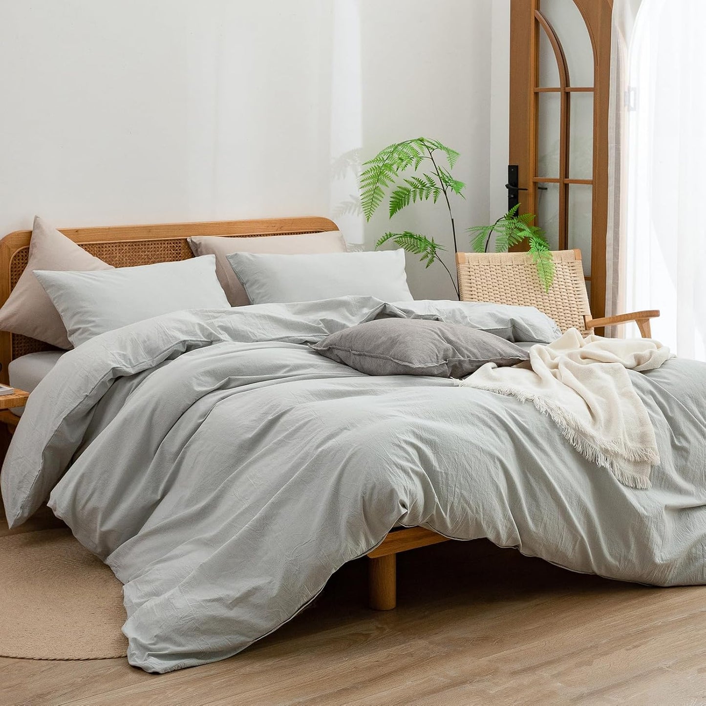 BESTOUCH Duvet Cover Set 100% Washed Cotton Linen Feel Super Soft Comfortable Chic Lightweight 3 PCs Home Bedding Set Solid Northern Droplet Grey Oversized Queen