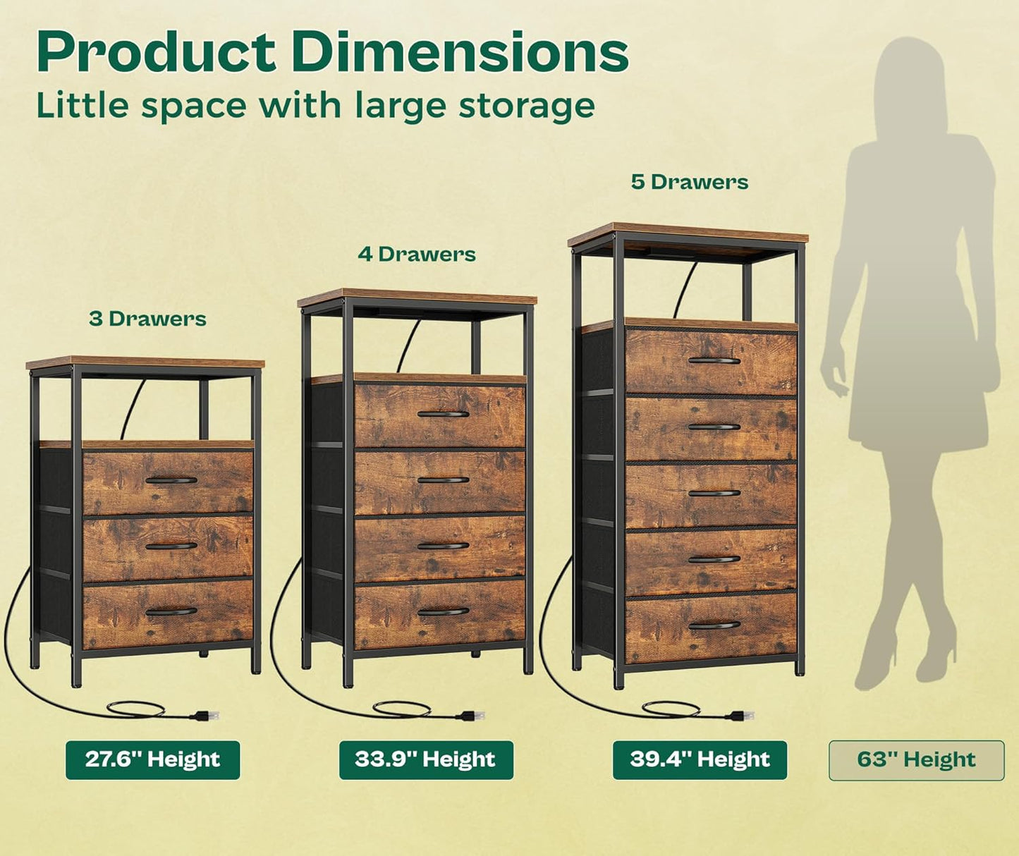 Huuger 5 Drawers Dresser with Charging Station, Dresser for Bedroom, Tall Night Stand, Chest of Drawers with Open Shelf, Bedside Table Nightstand, Fabric, for Entryway, Rustic Brown