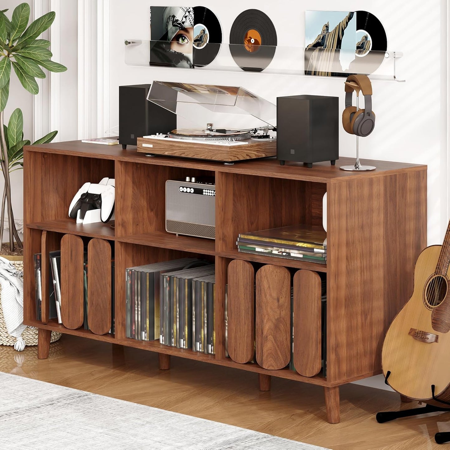 Large Record Player Stand, Record Player Table Vinyl Record Storage Holder Records Cabinet Organizer with Power Outlet for Living Room, Walnut