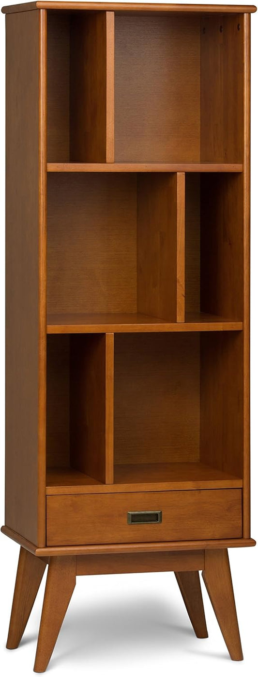 SIMPLIHOME Draper Bookcase - 64 inch Tall Solid Hardwood Storage Bookshelf in Teak Brown, Mid-Century Modern Storage for Living Room, Study Room or Office with Adjustable Shelves and Angled Legs