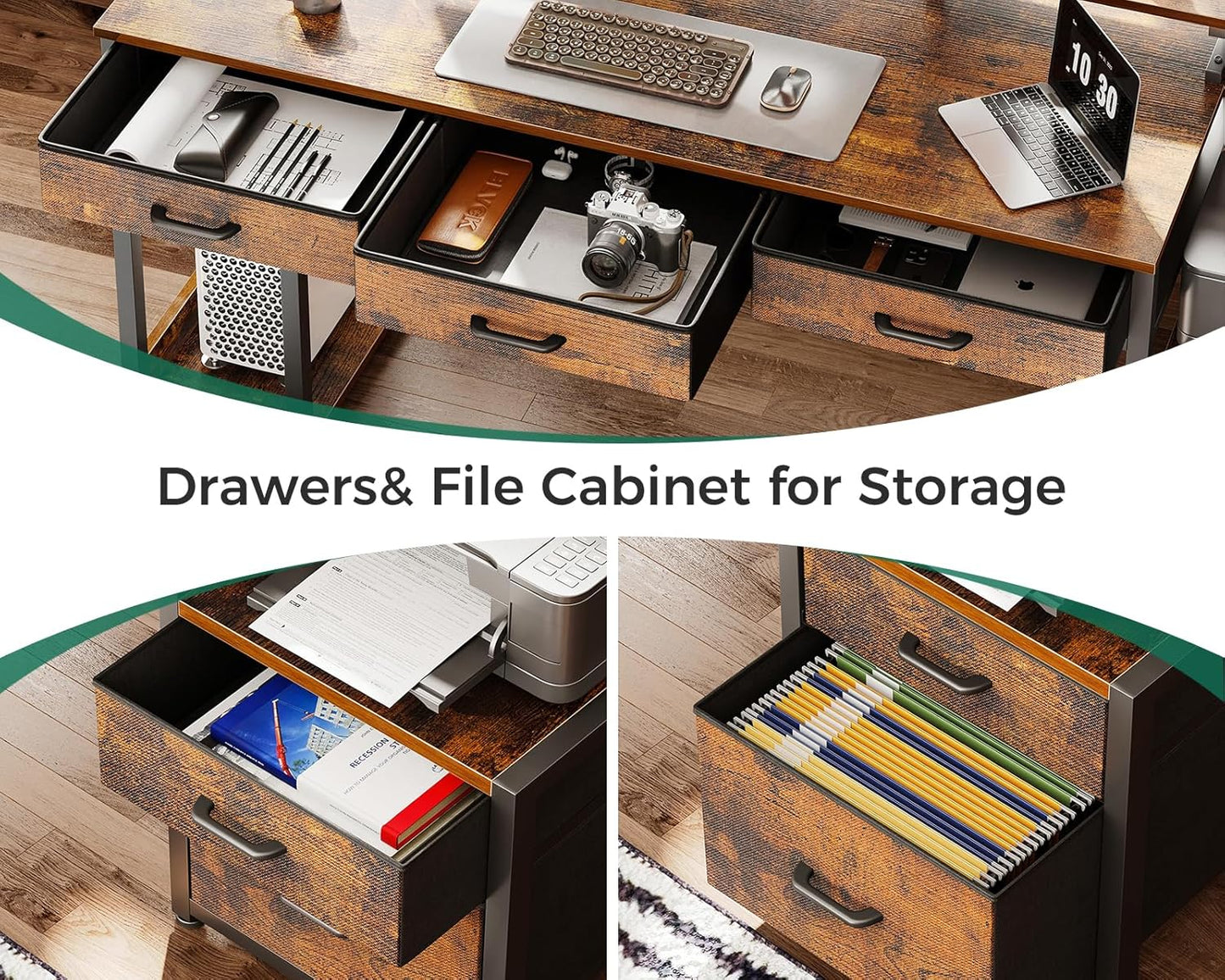 AODK 55 Inch Computer Desk with 3 Drawers and File Cabinet for Storage, Office Desk with Monitor Stand and LED Lights, Home Office Desks, Vintage