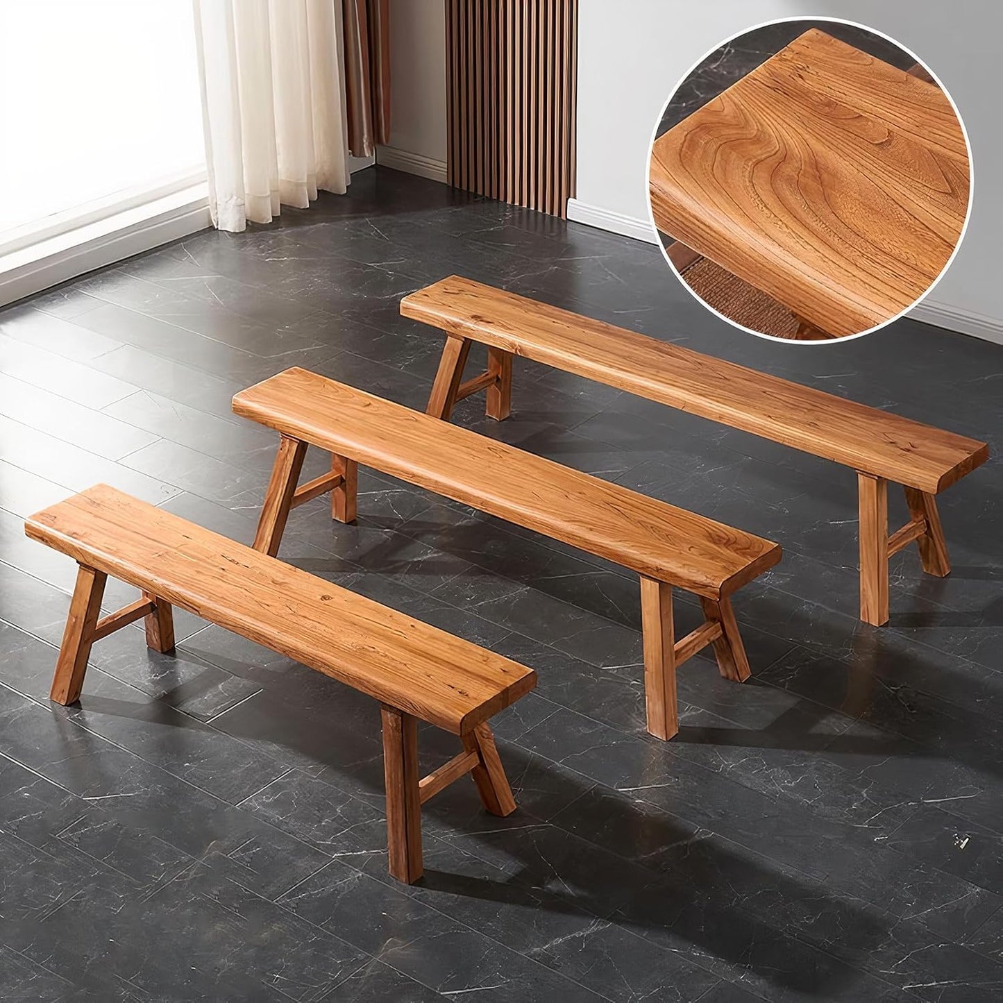 Farmhouse Wood Bench Indoor - 63Inch entryway Bench, Natural Solid Wood, Durable and Sturdy, Suitable for Dining Room, Bedroom, Porch and Other Narrow Spaces