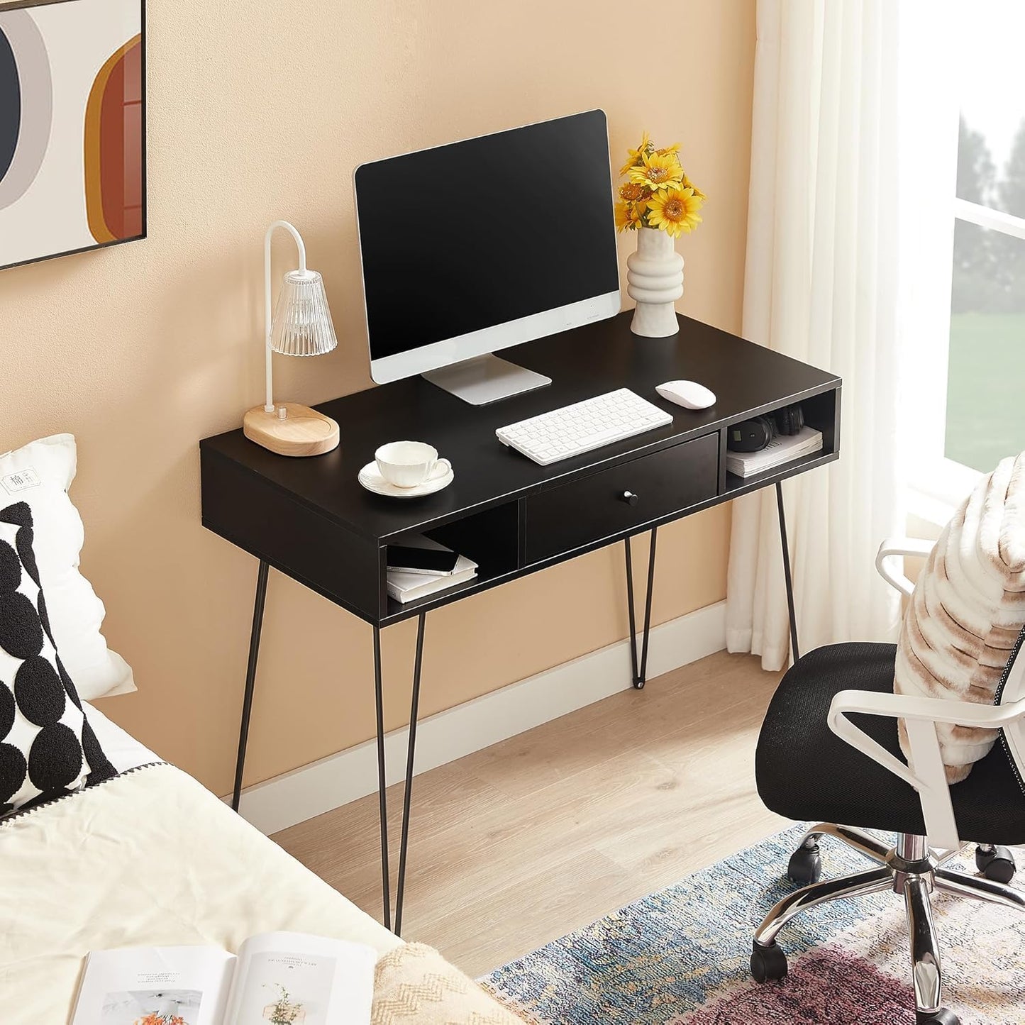 VECELO 39.3" Home Office Work Table with Drawers,Computer Desk with Hairpin Leg for Writing/Study,Classic Black
