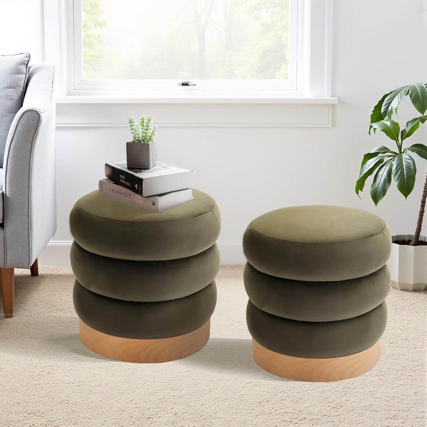 COLAMY Velvet Ottoman Footstool, Tufted Modern Foot Rest Stool with Wood Base for Living Room, Bedroom, Desk, Round Versatile Side End Table, Pouf, Makeup Seat,2pcs,Green