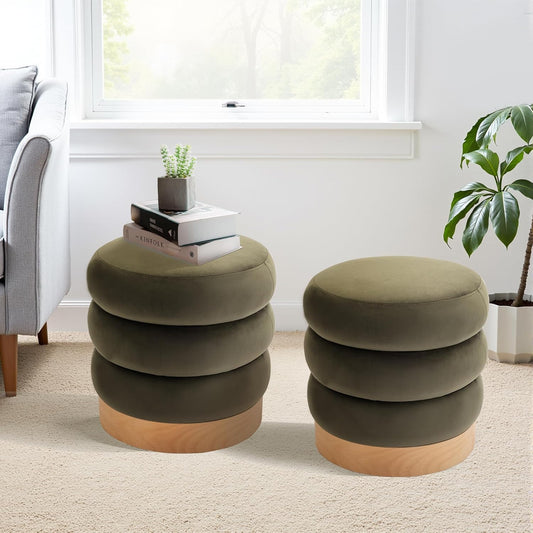 COLAMY Velvet Ottoman Footstool, Tufted Modern Foot Rest Stool with Wood Base for Living Room, Bedroom, Desk, Round Versatile Side End Table, Pouf, Makeup Seat,2pcs,Green